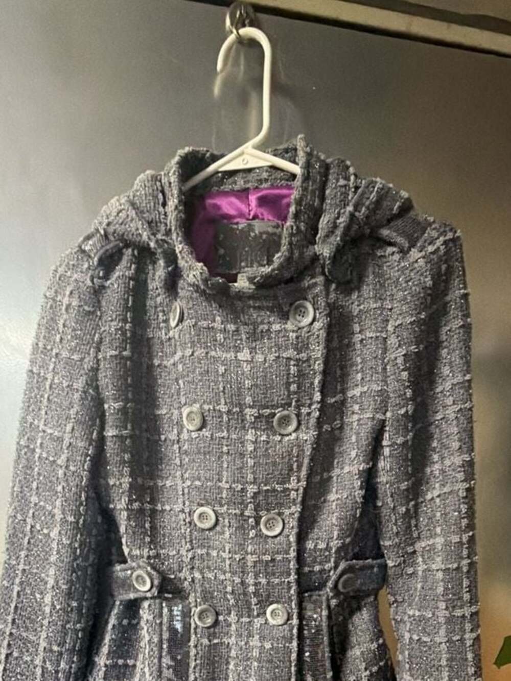 BKE Women's Double Breasted Hooded Tweed Jacket, Size S